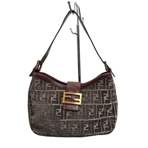 Pre-owned FENDI Zucca Monogram & Leather Gold Tone Hobo Baguette Shoulder Bag Vintage Y2K Fashion Iconic Retro Aesthetics Classic Velvet & Cowhide Design