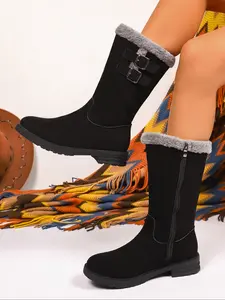 Women's Winter Snow Boots, Warm Mid-Calf Fleece Lined Buckle Booties, Dual Color Options, Plush Collar Lock Temperature, Anti-Slip Thick Sole, Slip Resistant Boots