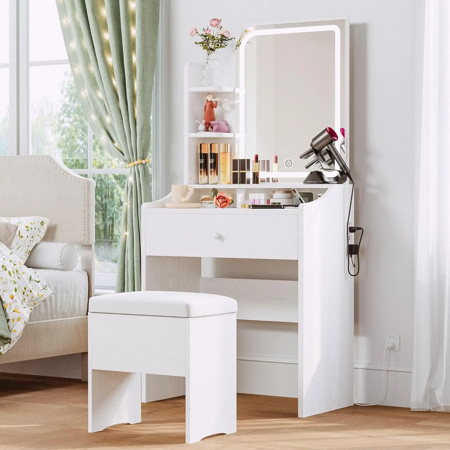 Summer Vibes LIKIMIO Small Makeup Vanity Desk with Mirror and Lights, Vanity Table Set with Storage Drawer, Chair and Three Shelves, Bedroom
