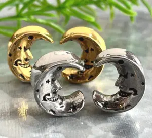 PAIR of Unique Face of the Moon Saddle Surgical Steel Ear Spreaders Hanger-Tunnels/Plugs - Gauges 0g (8mm) thru 16mm