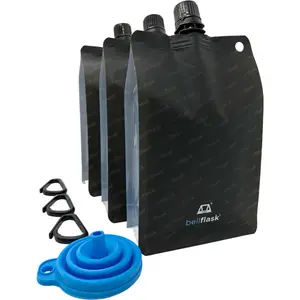 BellFlask - (Pack of 3, Matte Black) 15 oz. Plastic Flask, Patented, Flexible, Metal-Free, Reusuable, BPA-Free with Carabiner Clip and Filling Funnel