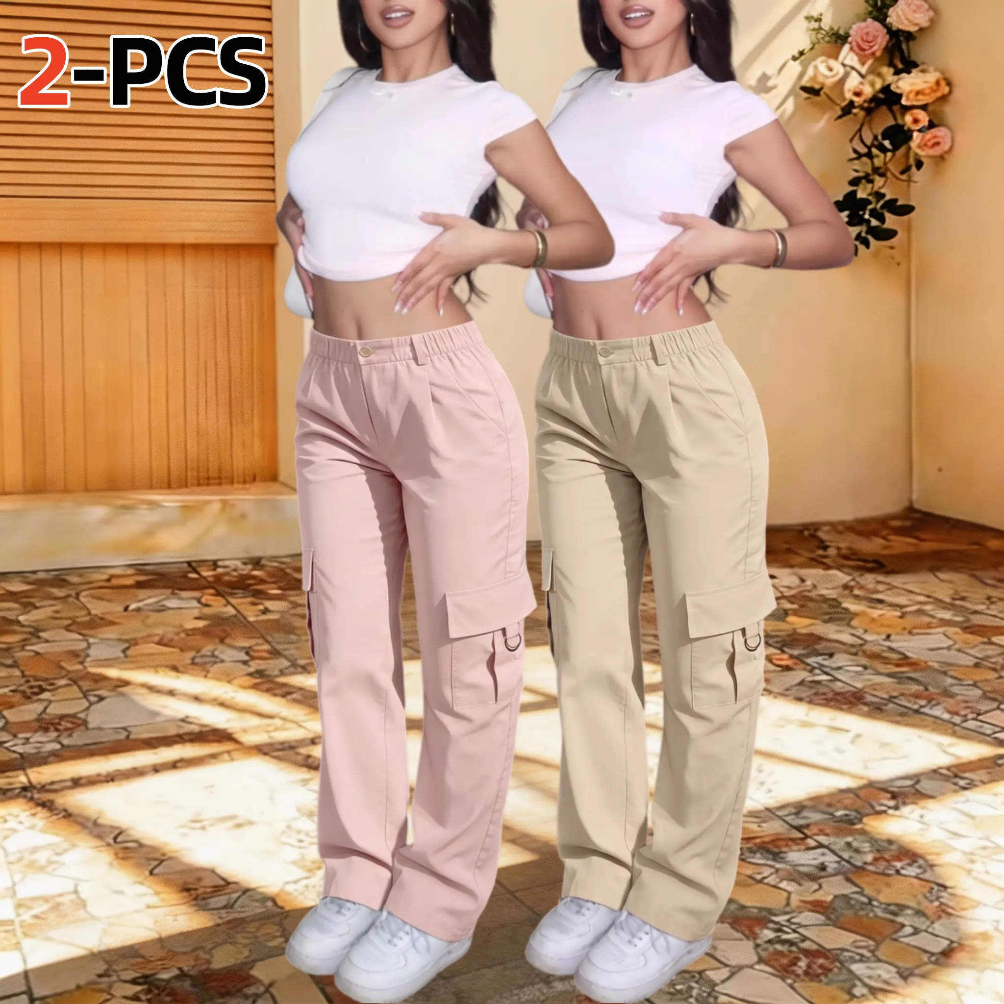 Women’s athletic cargo pants, 2 pack—fashionable casual trousers in solid colors with a minimalist design, suitable for outdoor sports and wearable year round. These multifunctional pants feature large pockets and ample storage, ideal for everyday wear, o