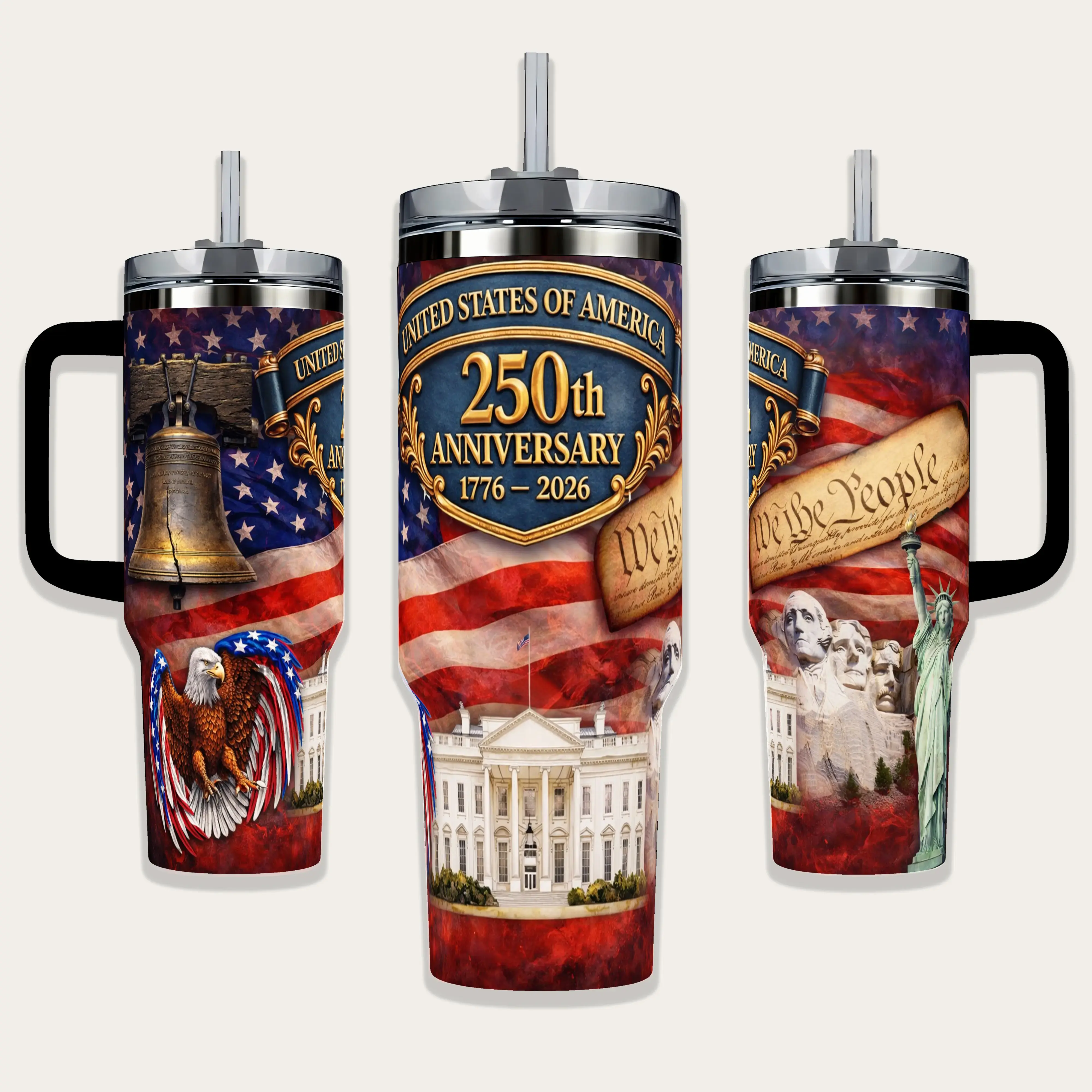 Insulated Reusable Stainless Steel Vacuum Flask Tumbler (20oz/40oz) - USA 250th Anniversary (1776-2026) Patriotic Lightweight Gym Industrial Watercolour Mug with Lid, Straw, Handle, Flag-Eagle-Liberty Bell Design, Unique Men's 4th of July Gift, Flasks, 40