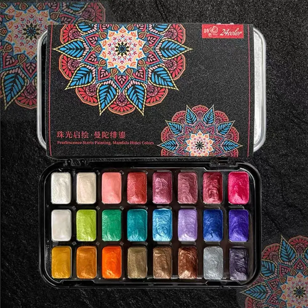 24 Colors Solid Pearlescent Watercolor Paint Set Portable Glitter Watercolor Pigment for Nail Art Hand Painted Calligraphy Clay Dyeing Art Supplies