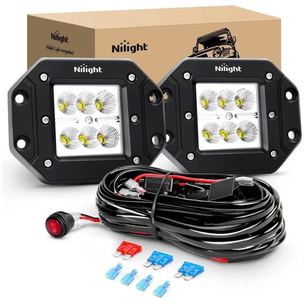 Nilight 4.8-Inch 18W Flush Bracket Mount Flood Beam LED Car Work Light Kit - Aluminum Construction, Bright Illumination, 10ft Wiring Harness, 3-Pin Switch, 12V DC Power, -40~85°C, Recessed Lights for Trucks, LED Truck Pickup Offroad Fixture