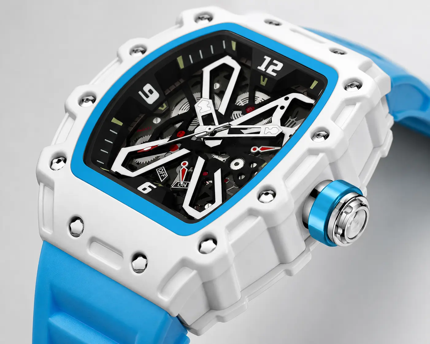 Men's Luxury Tonneau-Shape Skeleton Dial Quartz Watch - Exposed Gears, Durable Silicone Strap, Modern Design for Male Wear Enthusiasts