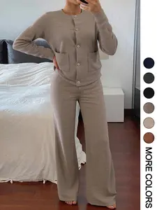 Women's Two-Piece Set, Comfortable Round Neck Long Sleeve Knit Sweater Set, High Waist Versatile Wide Leg Pants, Perfect for Daily Wear