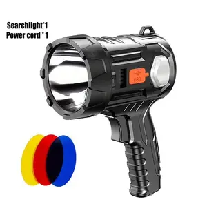 1PCS Portable Searchlight LED Flashlight, Outdoor Handheld Flashlight USB Charge & Solar Rechargeable Flashlight with Red, Blue, and Yellow 3-Color Filters