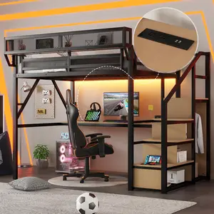 Full Size Gaming Loft Bed with Stairs and Desk, Metal Loft Bed Frame with Bedside Shelf and Light, Heavy-Duty Adults Lofts Beds with Storage Wardrobe & Charging Station, Black