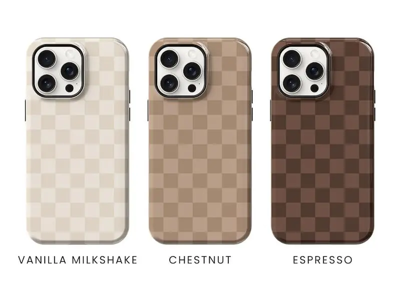 Neutral Brown and Cream Checkered  Magsafe iPhone Case, beige, 12 13 14 15 16 pro max mini plus