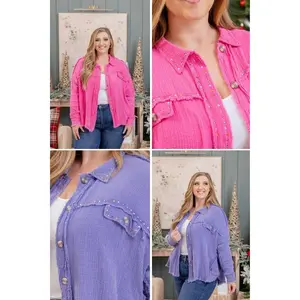 Washed Shacket w/ Color Rhinestone Line | S-L