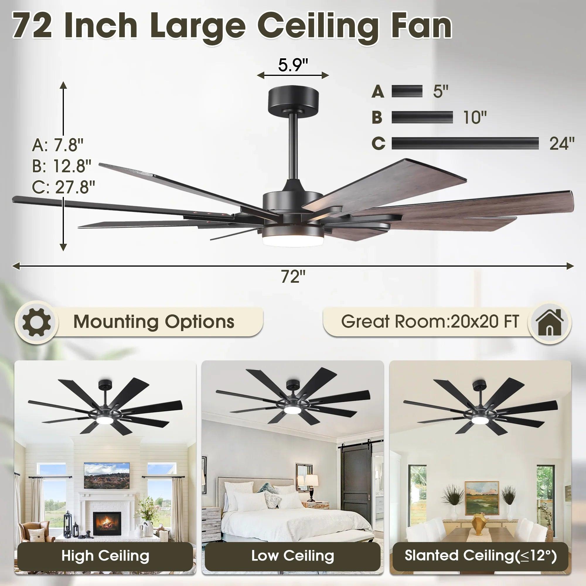 60/72 Inch Windmill Style Ceiling Fan Downrod Mount LED Light with APP & Remote Control