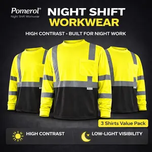 Pomerol Men's 3-Pack High Visibility Long Sleeve Work Shirts – Neon Yellow/BALCK, Breathable Lightweight Fabric with Pocket & Reflective Strips for Construction, Warehouse, Outdoor & Night Use