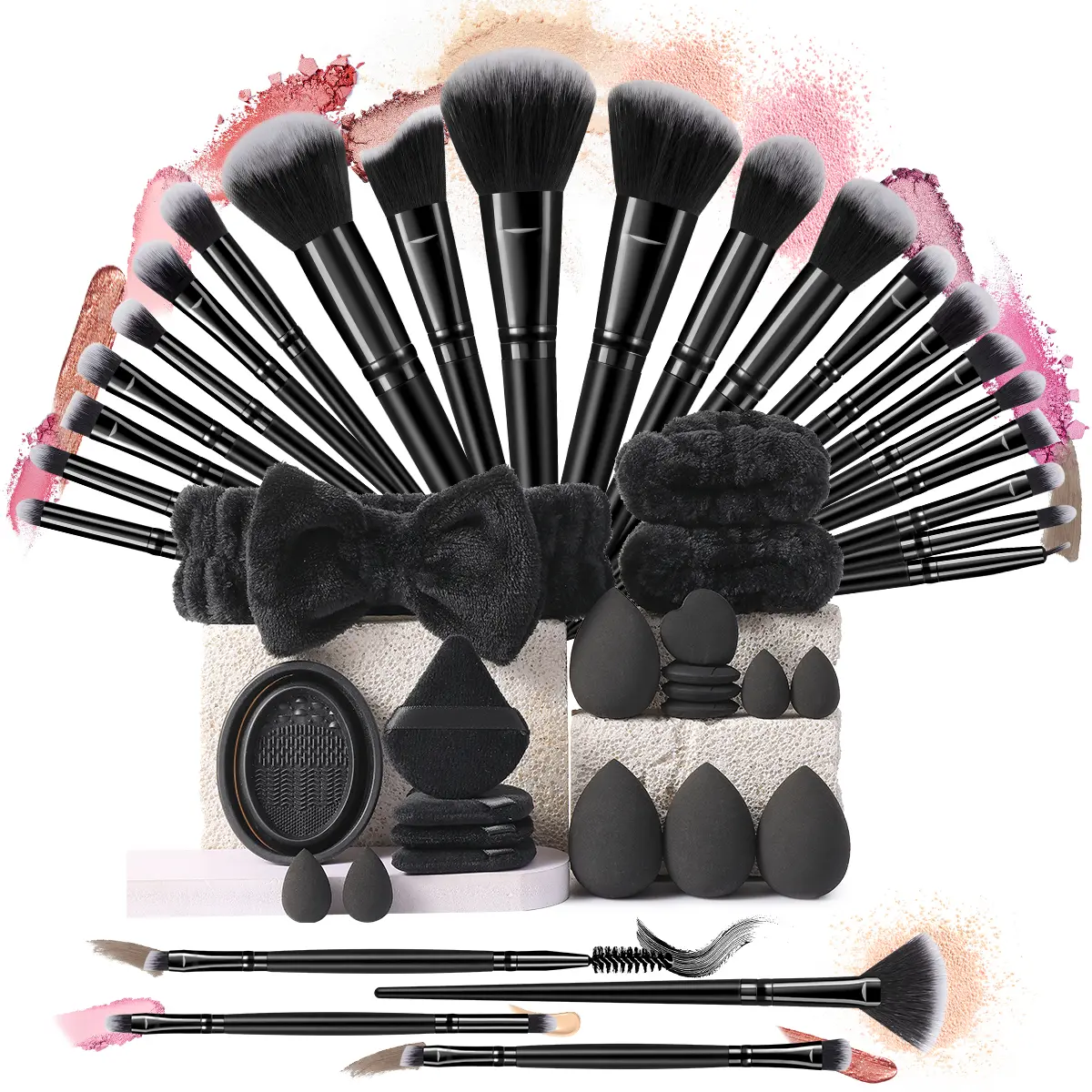 All-In-One Makeup Set Makeup Brushes Soft Gradient Grey Synthetic Face Fan Eye Lash Brow Brushes Black Beauty Sponges Triangle Finger Powder Puffs Plush Bow Headband Silicone Brush Cleaning Bowl Complete Cosmetic Tools For Beginners Daily Travel