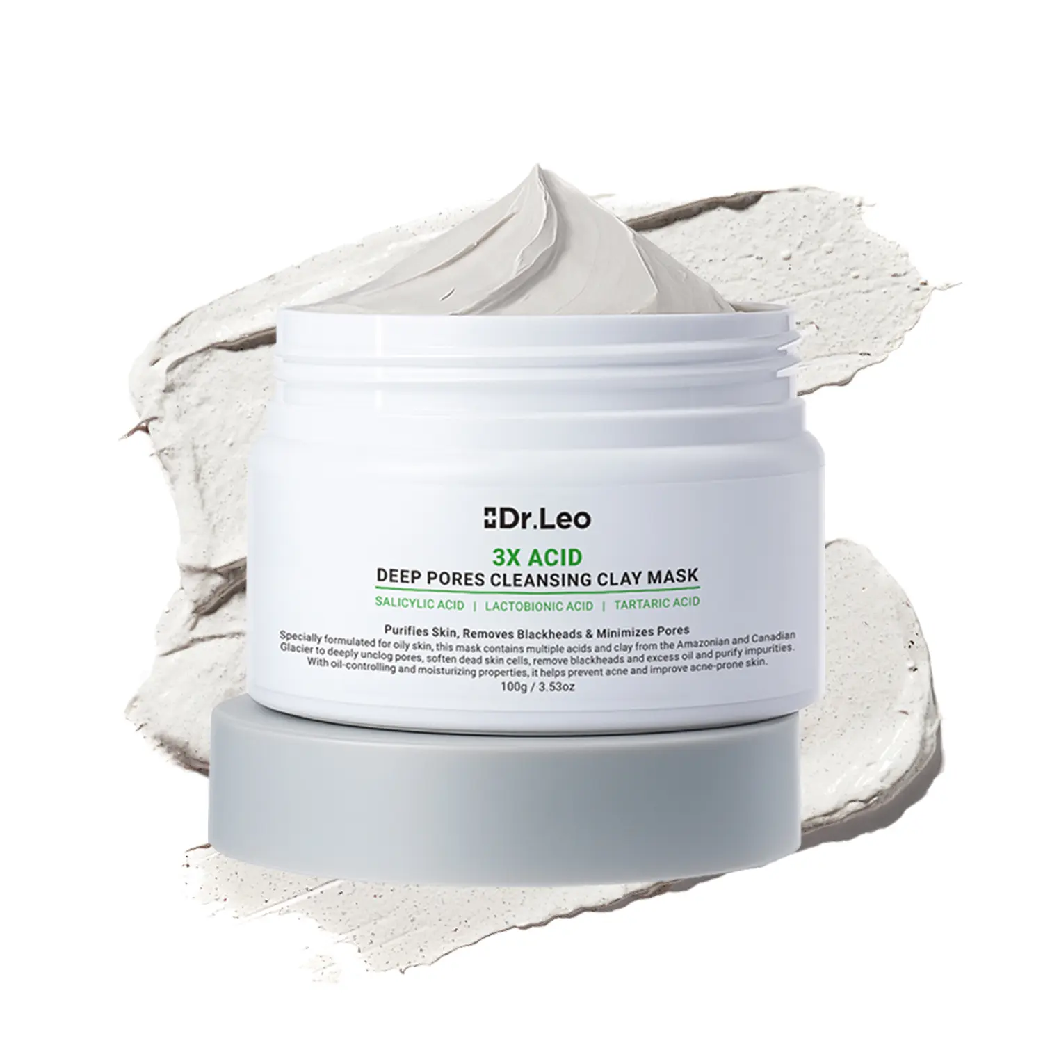 Dr.Leo Deep Pore Cleansing Mask with Amazon White Clay & Salicylic Acid, Gentle 15-Min Blackhead Treatment for Smooth Skin & Oil Control, Unisex Face Care Products for Sensitive Skin, 100g
