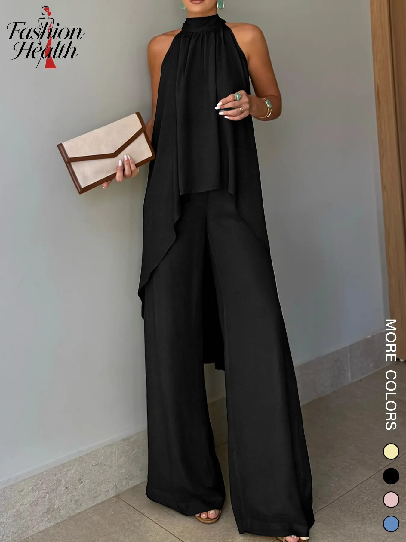 2026 Spring Summer European Style Fashion Basic Casual Minimalist Asymmetrical Sleeveless Pure Color Womenswear Pants Set, Elegant Halter Neck Lightweight Fairy Wind Women's Slim Fit Backless Top