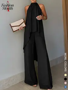 2026 Spring Summer European Style Fashion Casual Asymmetrical Sleeveless Pure Color Womenswear Pants Set, Elegant Halter Neck Lightweight Fairy Wind Women's Slim Fit Backless Top