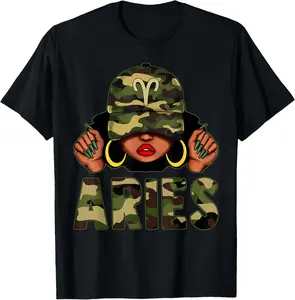 100% Cotton Aries Queen Black Woman With Cap Camo Afro Zodiac T-Shirt
