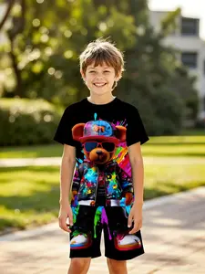 Summer Boys' Cool Graffiti Bear Short Sleeve Shorts Set, Children Street Style Print Casual Two-Piece, Trendy Kids Clothing