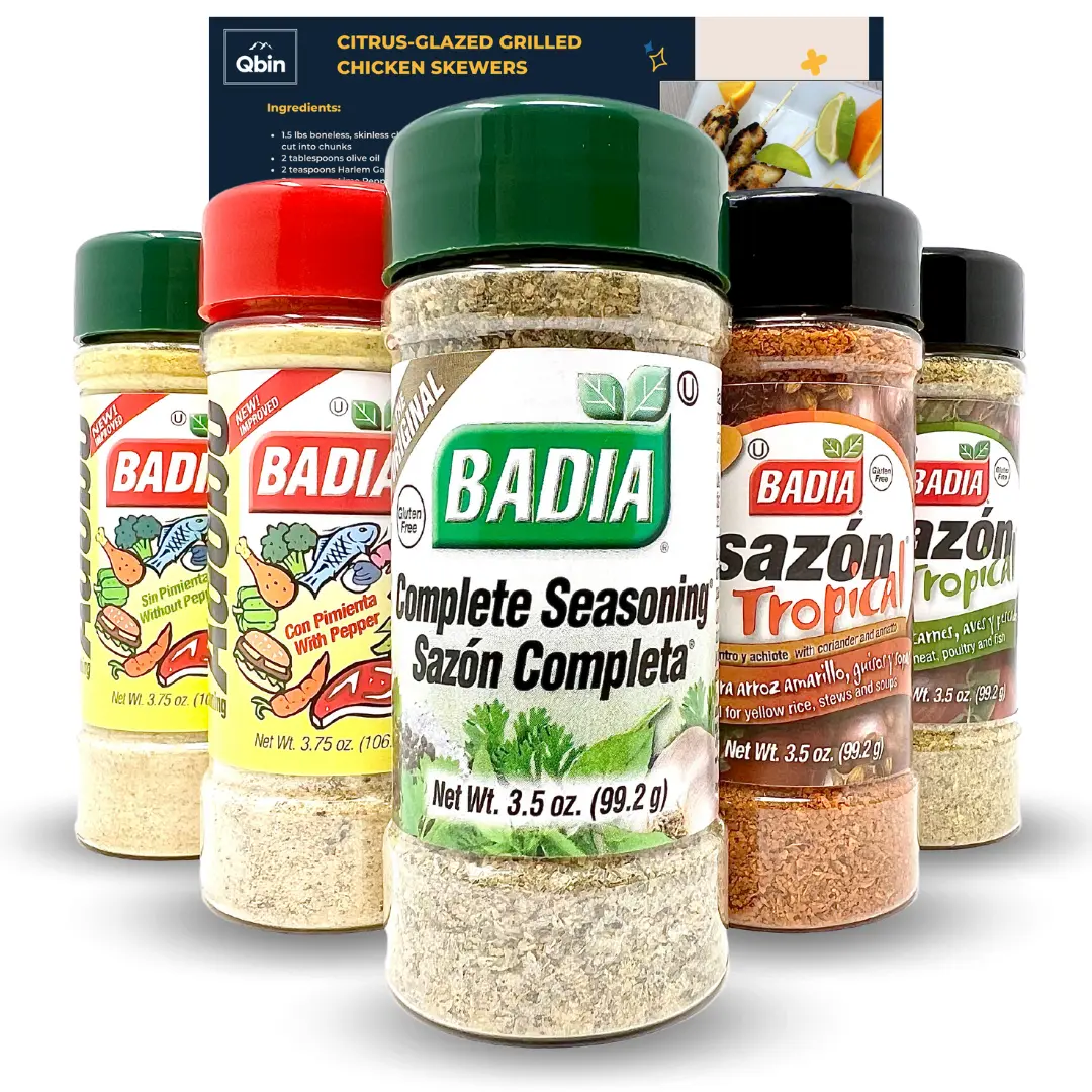 BADIA Adobo Sazon Tropical & Complete Cooking Seasoning Sampler Set - 3.5 oz US 5-Flavor Spice Powder Bundle, QBIN Recipe Card, Citrus Aromatic Spices, Premium Pepper, Spicy Garlic Mix for Roasting, Caribbean Rubs, Seafood Seasoning, Premium Pepper Flavor