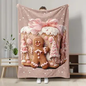 Magical Gingerbread Snowfall Blanket Pink Cartoon Design Ultra Soft Flannel Throw Festive Living Room Bedroom Decor Cozy Christmas Comfort Healing Warmth Holiday Essential