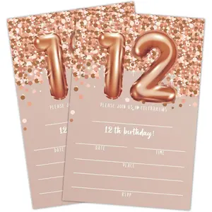 12th Birthday Invitation Cards Rose Gold Glitter 12th Birthday Party Invites Kids Happy Birthday Party Decorations Supplies 20 Fill-in Cards with Envelopes for Boys or Girls Party Celebration C04