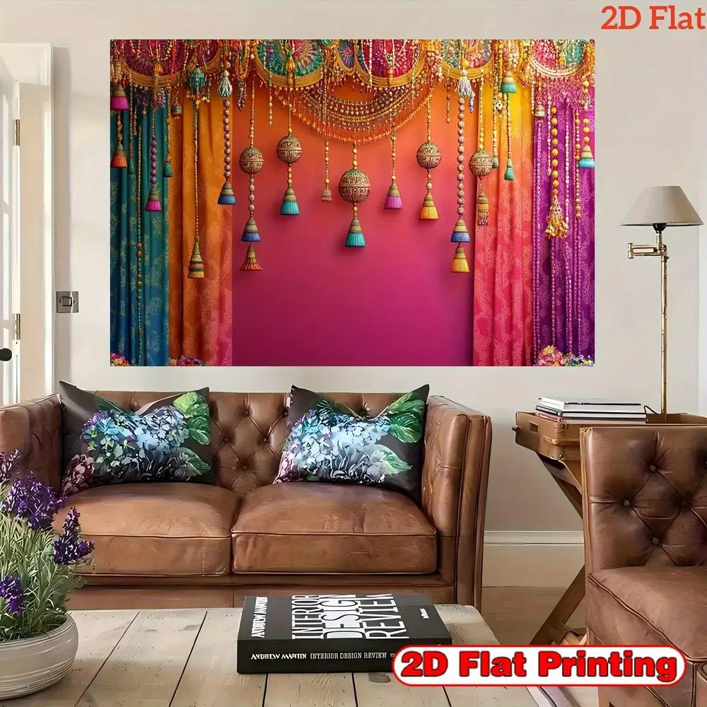 1pc 2D Flat Indian Party Banner - Traditional Indian Decoration with Purple, Blue, Golden, Pink, Orange, Teal - No Electricity Needed, Easy Hang Flat Backdrop for Weddings, Diwali, Photo Boot Ornaments White, Glam, Easy Hanging, Flat Print