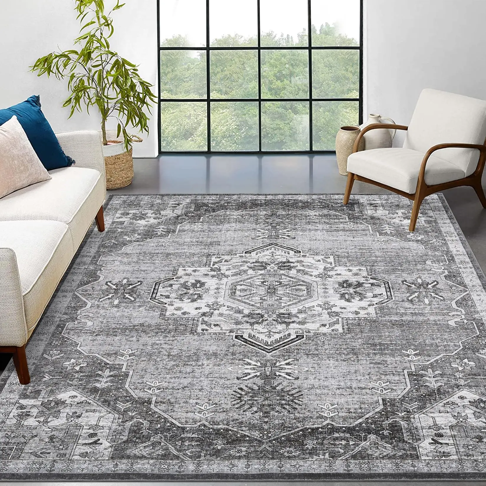 Garvee Washable Area Rug 5x7 Rugs for Living Room Vintage Medallion Distressed Rug Low Pile Indoor Floor Cover Retro Accent Throw Rug for Bedroom Dining Room, Grey