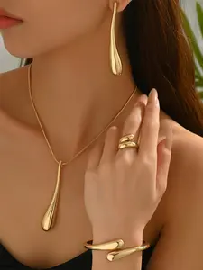 Women's Jewelry Set with Geometric Teardrop Design, Polished Bracelet Ring Earrings, Elegant Accessories for Everyday Wear