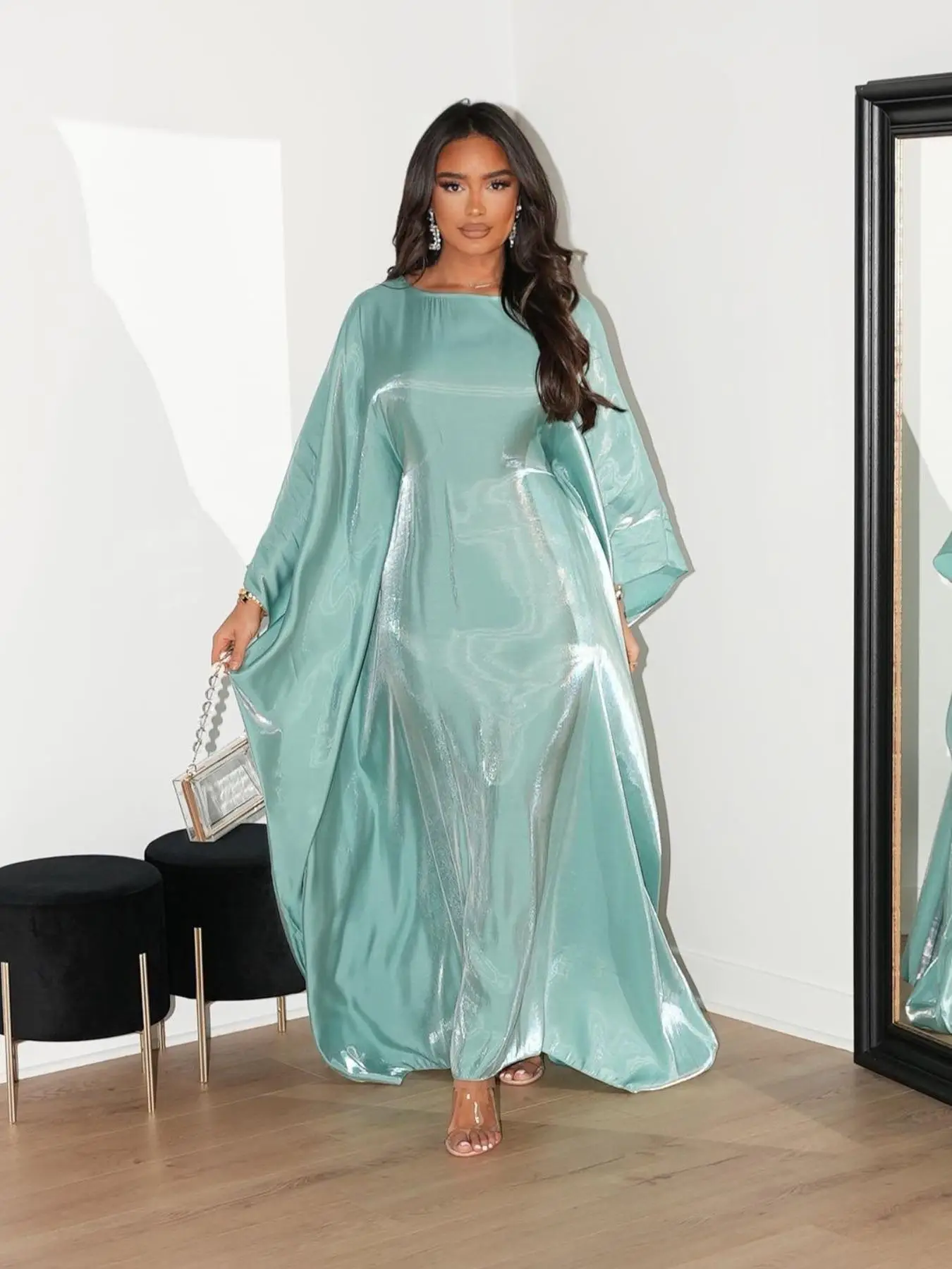 Arabic Clothing-Women's Solid Boat Neck Maxi Arabian Dress, Modest Batwing Sleeve Maxi Dress for Party Holiday Wedding Guest, Women's Islamic Clothing