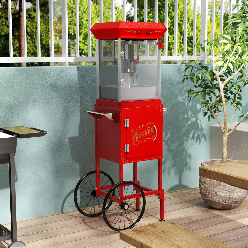 Vintage 6 Oz Stainless Steel Popcorn Maker with Portable Cart, Wheels, Oil Spoon, Lockers for Commercial & Home Movie Theater Use (Red)