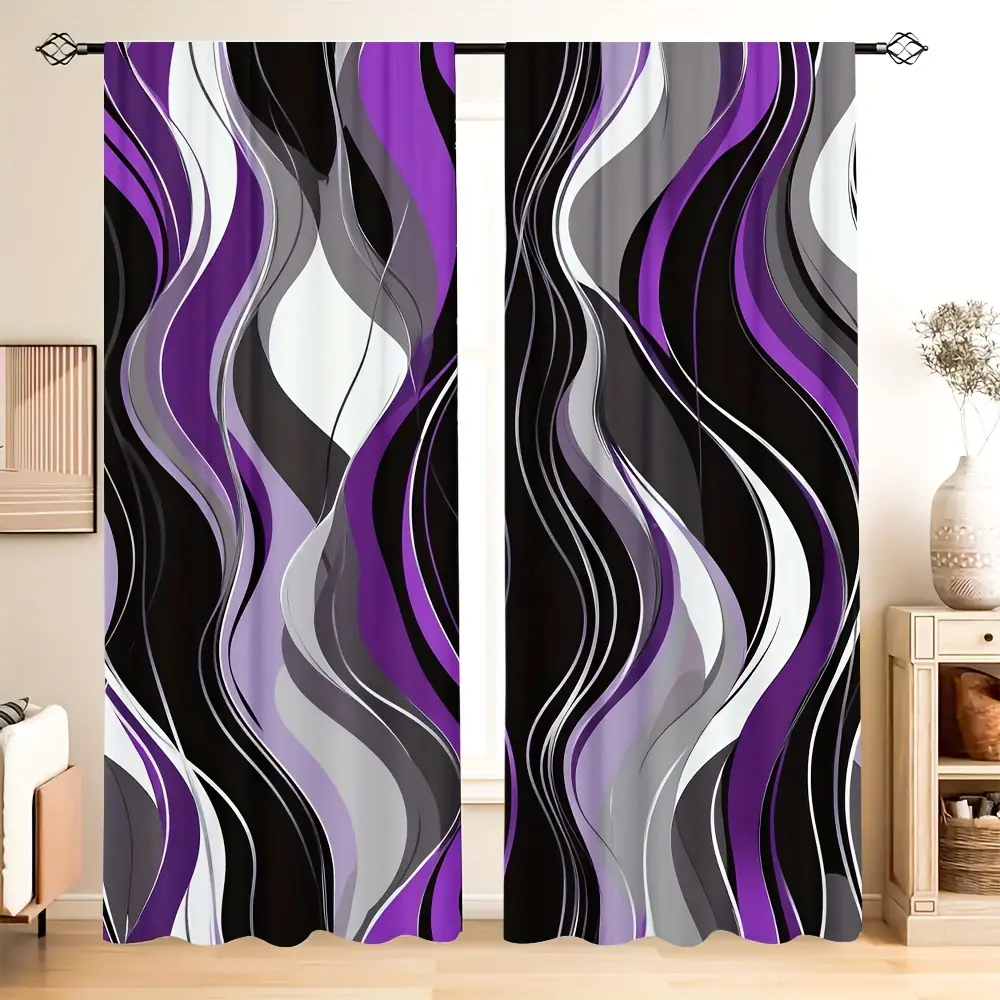 2-Piece set, modern curtains, abstract purple wavy geometric design, half blackout rod pocket design, perfect for bedroom and living room study kitchen home decoration, room decoration, Home Decorative Curtain, Window Curtain, Window Drapes
