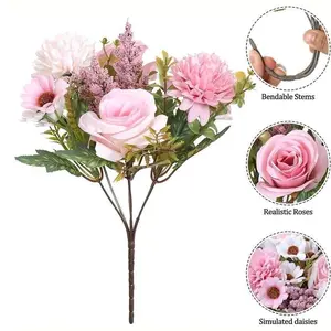 A bouquet of artificial roses and hydrangeas, Lifelike artificial flower, including pink roses, white daisies, and greenery, perfect for weddings, engagements, birthdays, Valentine's Day, and Mother's Day, springtime glass vase centerpiece