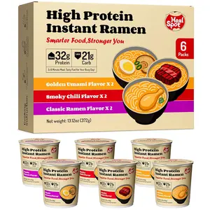 Healspot High Protein Instant Ramen Cups, 6 Cups, 32g Plant-Based Protein, Non-Fried, Low Fat, Low Carb, Non-GMO, Golden Chicken, Smoky Beef & Classic Pork