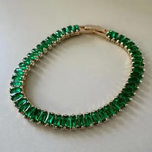 Emerald Bracelet, Green Baguette Tennis Bracelet, Gold Plated