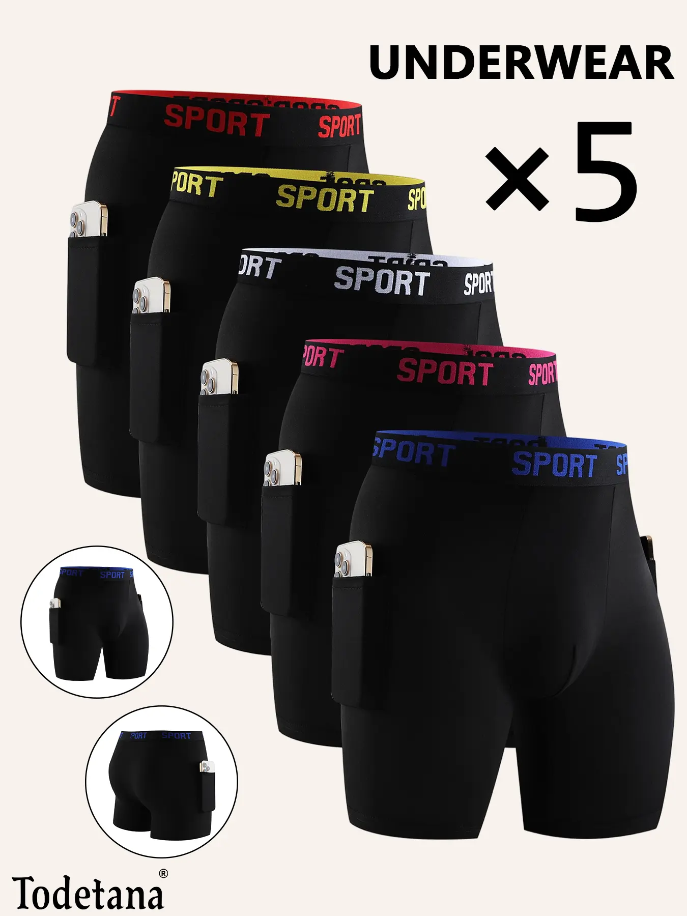 Todetana 5-piece Men's Letter Tape Pocket Boxer Brief Quick Drying Breathable Comfortable Compression Underwear for Men Casual Underwear for All Seasons