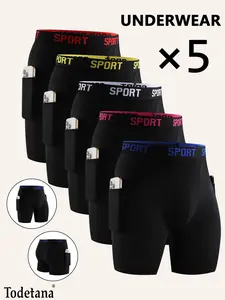 Todetana 5-piece Men's Letter Tape Pocket Boxer Brief Quick Drying Breathable Comfortable Compression Underwear for Men Casual Underwear for All Seasons