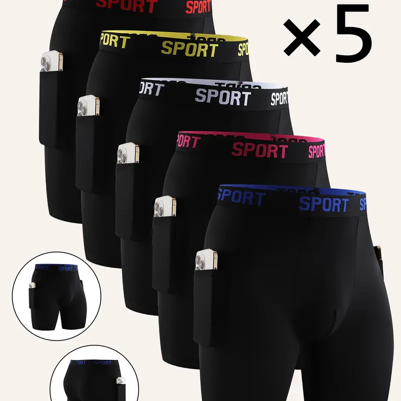 Todetana 5-piece Men's Letter Tape Pocket Boxer Brief Quick Drying Breathable Comfortable Compression Underwear for Men Casual Underwear for All Seasons