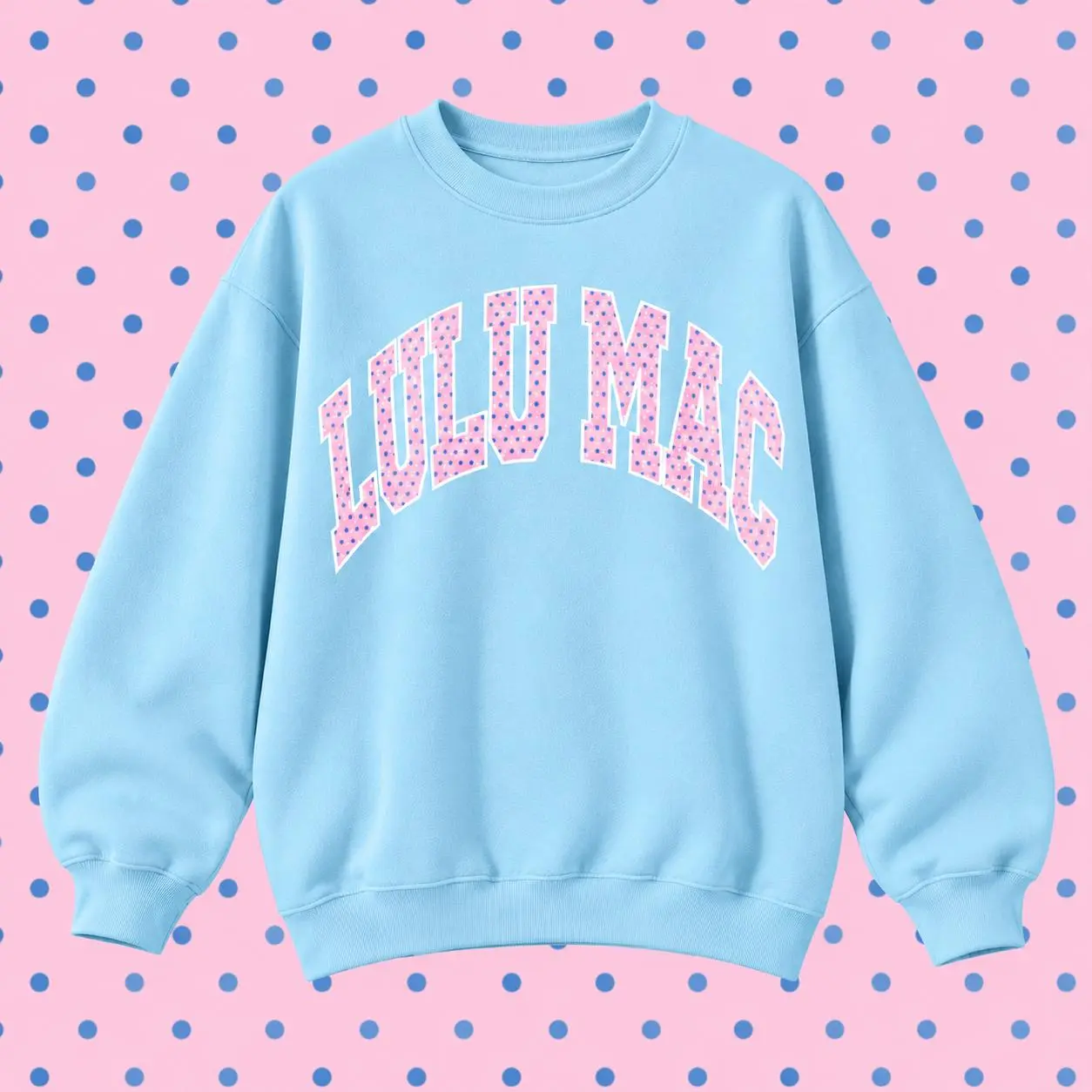 Lulu Mac Unisex Oversized Crewneck Sweatshirt, Pink Polka Dot Graphic Pullover, Casual Long Sleeve Streetwear Sweater for Men and Women, Cozy Fall Winter Outfit