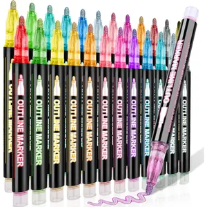 24 Colors Outline Glitter Markers, Double Line Shimmer Marker Pens for Christmas Greeting Cards, Outline Pens for Art Supplies for Scrapbook Crafts DIY Art Crafts