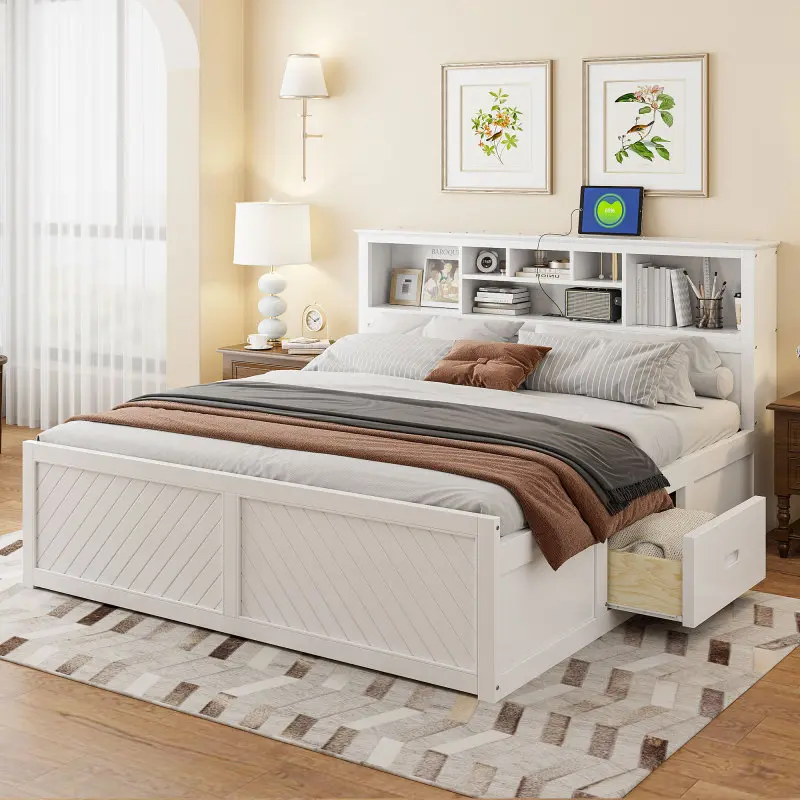 Bellemave King Size Wood Platform Bed with Multi-storage Headboard, USB and Drawers, White