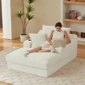 Oversized Chaise Lounge Chair Indoor, 47.2"W Corduroy Upholstered Fluffy Comfy Boneless Chair with Cup Holders&Side Pockets,Cloud Couch Sleeper Sofa Bed Chair for Living Room,Bedroom,No Assembly (Beige)