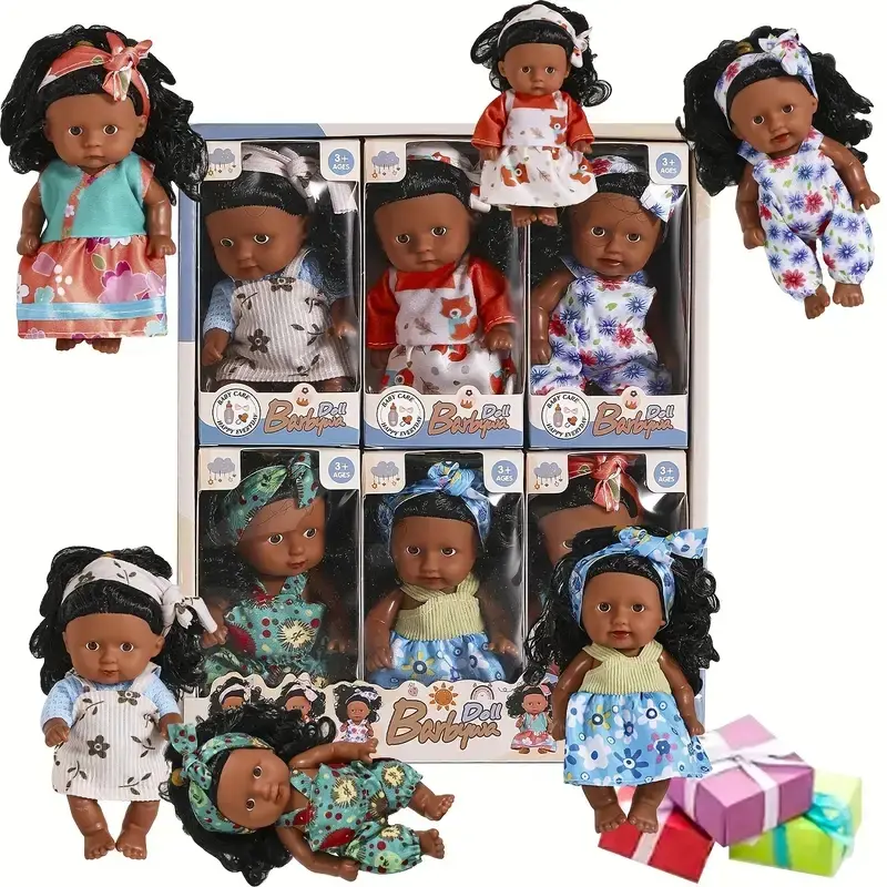 6-Piece Girl Reborn Doll Set, Includes 6 (random Patterns), Curly Hair Design, Soft Cuddly Gift, Cute Clothes Dolls, Perfect Christmas & New Year Gift for Kids, Dolls Gifts
