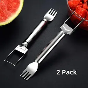 【2 Pack】Watermelon Fork Slicer,Watermelon Slicer Cutter,Watermelon Cube Cutting Tool, 2-in-1 Stainless Steel Fruit Cutter, Dual Head Fruit Forks Slicer Knife with Round Handle,Fruit Cutting Kitchen Utensils,Kitchen Gadgets,Portable Modern