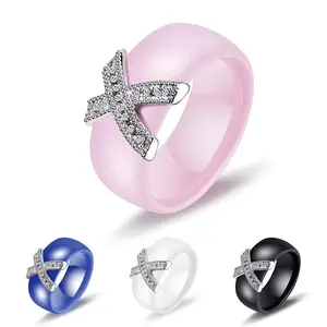 Women'S X Cross Artificial Cubic Zirconia Ceramic Ring, 8Mm Wide Fashion Band Ring, Pink/Blue/White/Black Jewelry for Wedding Party Gift