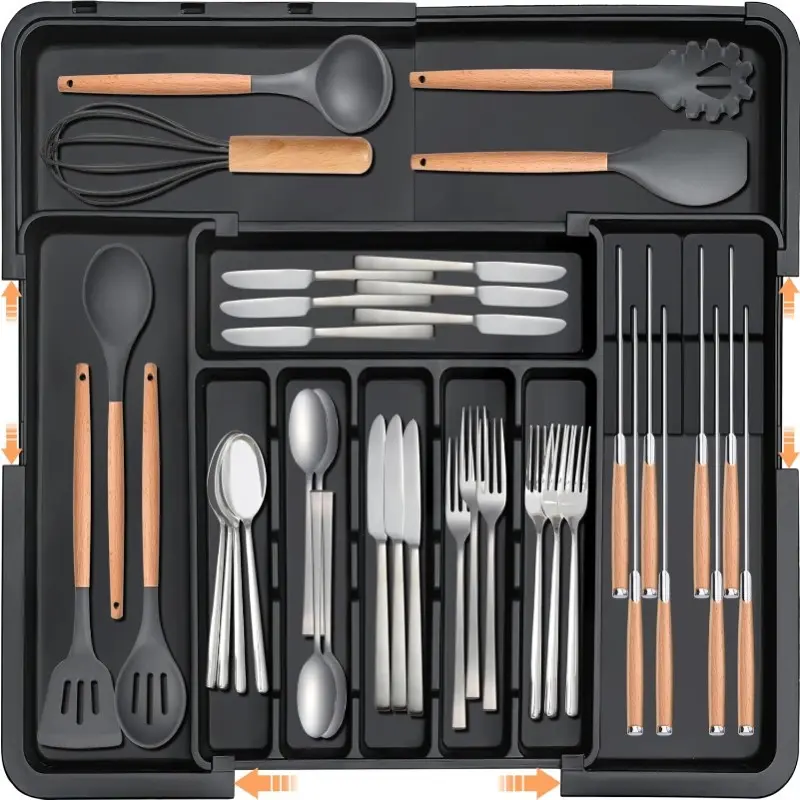Cutlery Storage Solution - Adjustable Kitchen Drawer Organizer with 2 Removable Knife Holders, 22" x 19" Cutlery Tray with Dividers for Kitchen Cutlery, Adjustable Organiser, Kitchen Organization, Cutlery Storage Box, Flatware Organizer (Black)