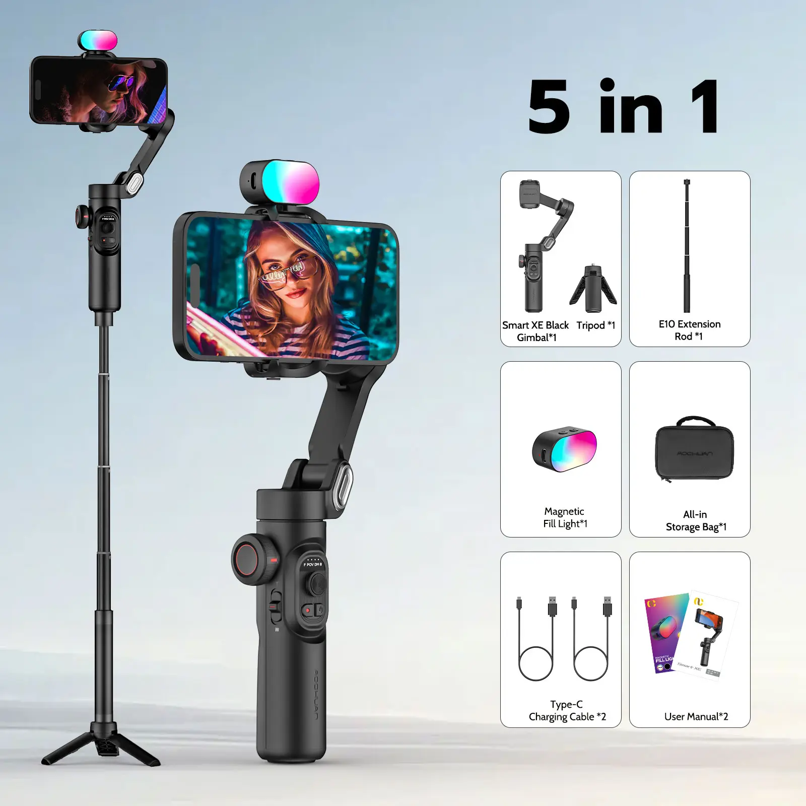 Aochuan Smart XE Combo 1 Professional Gimbal Phone Tripod Stabilizer Set - EU Type, ABS, Built-in Cells, Advanced Anti-Shake, Long Battery Life, Multi-Scene Compatibility, for iPhone/Android, Vlogging, Travel Gadgets, Filming Setup