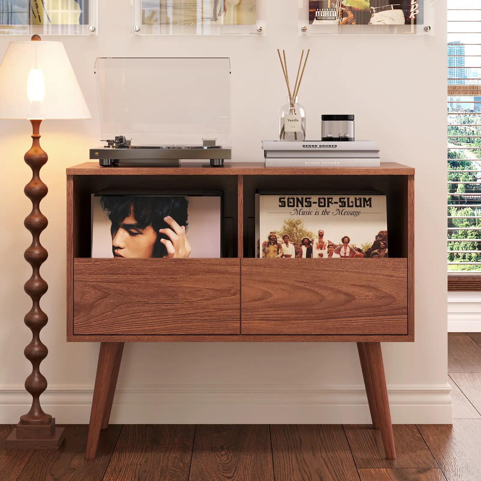 BROTTAR Record Player Stand with Vinyl Storage, Mid Century Record Storage Cabinet, Turntable Stand, Vinyl Record Storage Organizer with 2 Drawers for Bedroom, Living Room, Brown