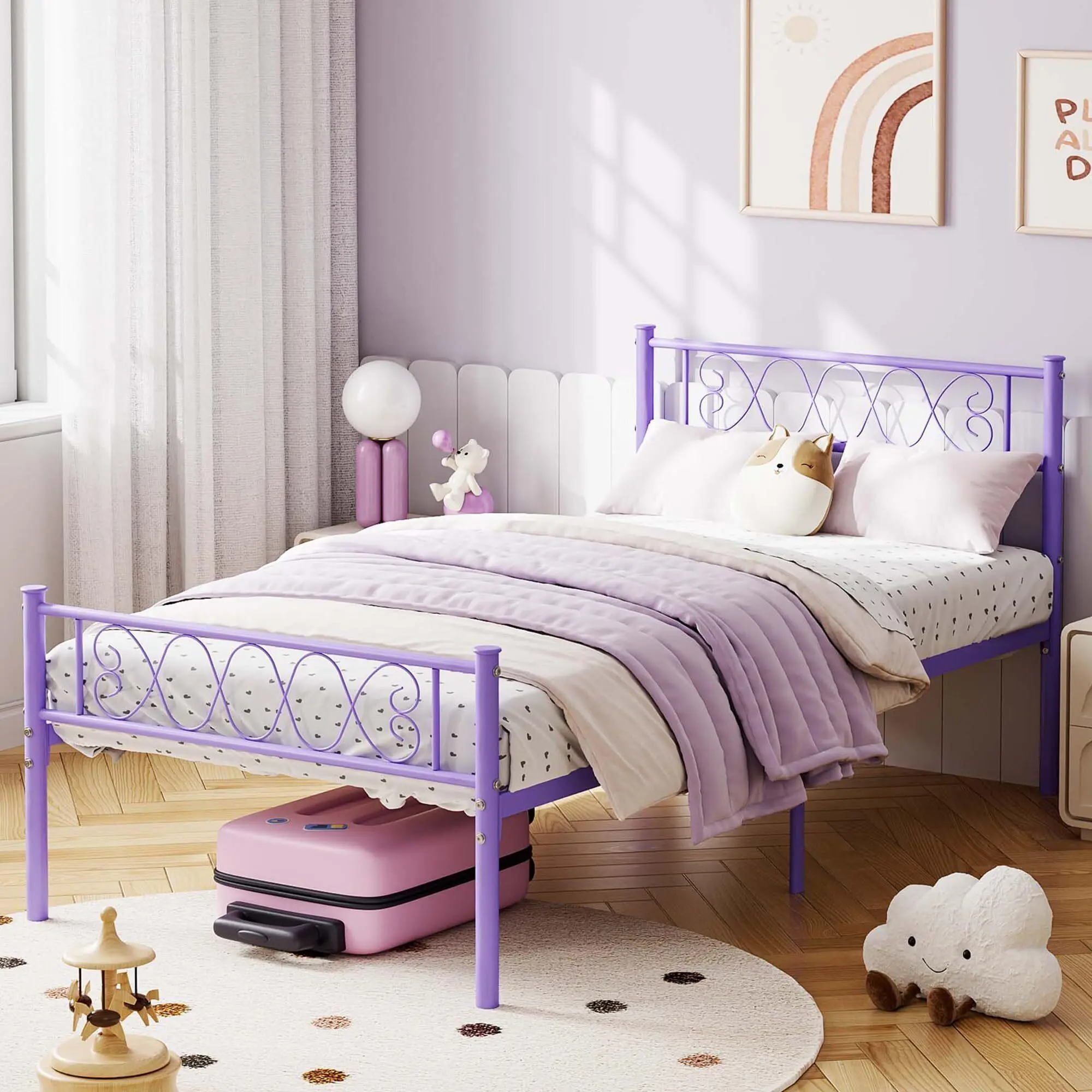 Twin Purple Metal Bed Frame with Headboard and Footboard for Girls and Boys Platform Bed Frame with Iron Art Sweet Heart No Box Spring Needed Easy Assembly