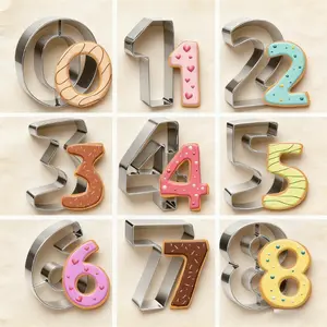 9-Piece Digital Cookie Die Set, Birthday Numbers Stainless Steel Baking Cutters for Home Cookies and Dough Shaping Tools with Fruit & Vegetable Embossing Molds Bakeware